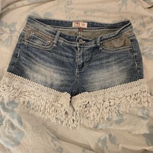 LEI Blue Jean Shorts with White Lace Fringe